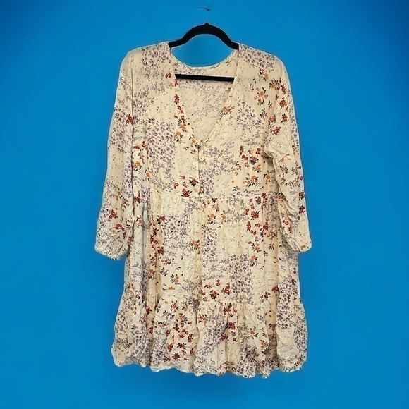 Super cute floral mini dress fully lined button bodice v-neck women's size L - Picture 1 of 8